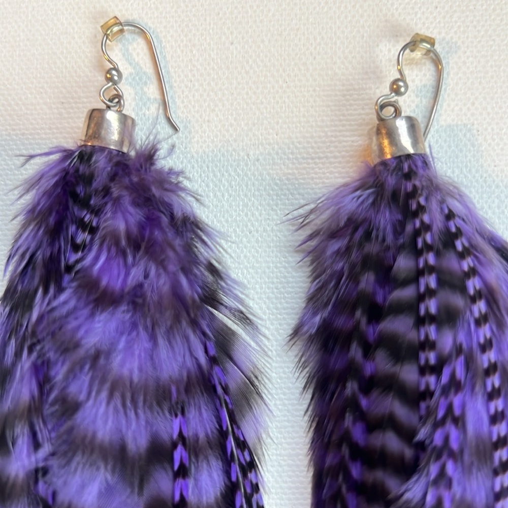 Hand crafted Purple Pheasant Feather Earrings Festival Bohemian Burning Man - Picture 5 of 6
